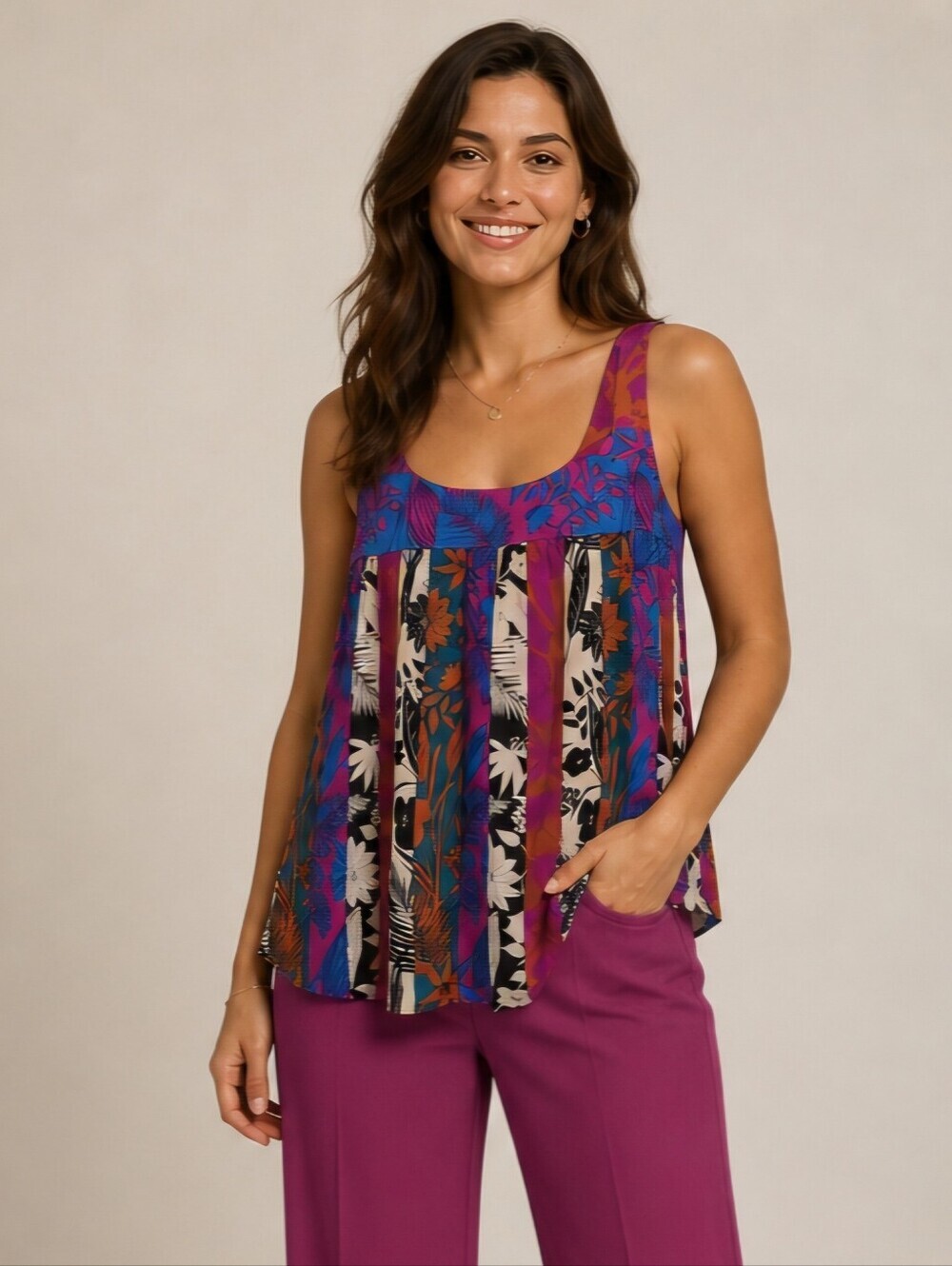 Rose + Olive Tank Top Multicolor Tropical Floral Boho Summer Festival Cami L